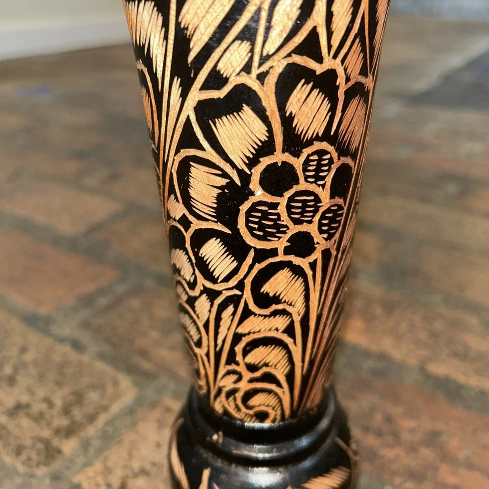 Floral Boho Vintage Tall Hand Carved Solid Red Tint Wood Vase Pedestal‎ 10